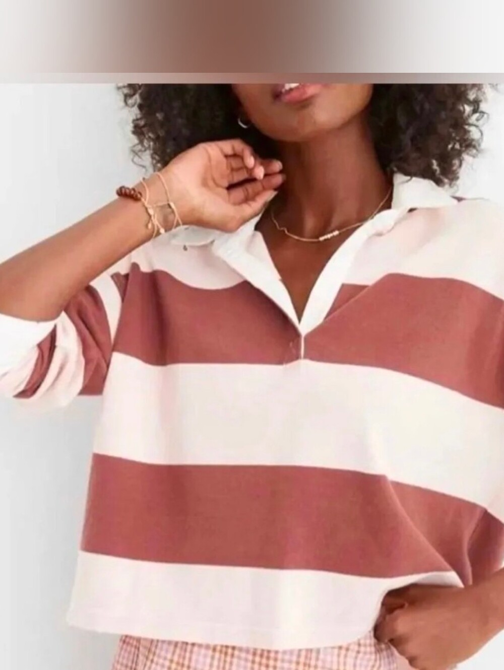 Aerie Plum Purple White Collar Oversized Crop Cotton Polo Long Sleeve Casual XS